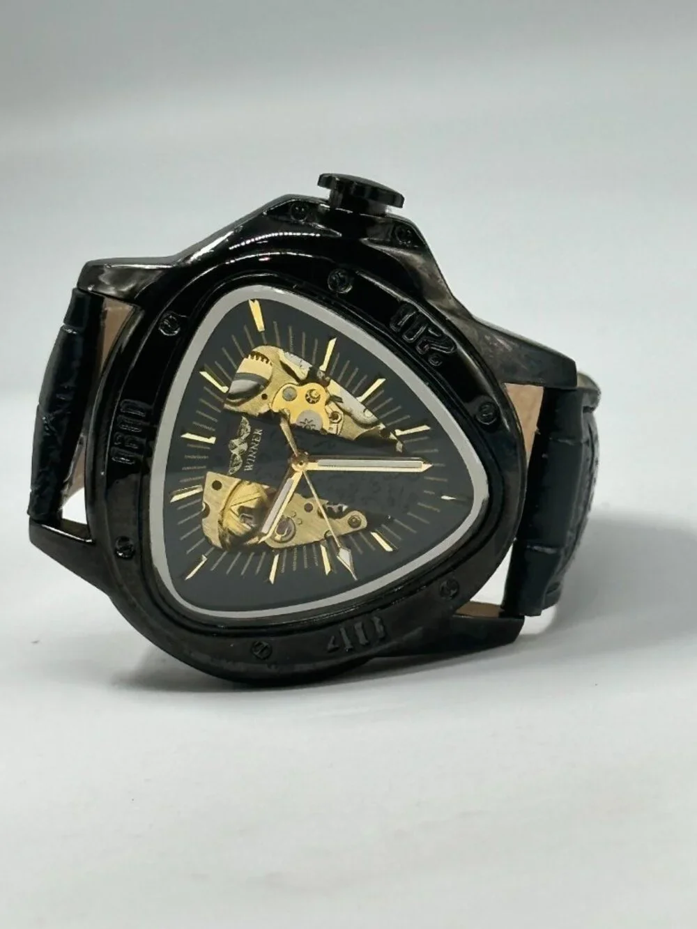 Winner Automatic Watch 49mm Black Triangle Case Skeleton Dial Leather Band